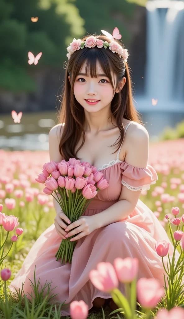 sitting, wariza, from above, spring clothes, light green floral print dress, pumps, Lots of colorful tulips, flower fields, warm atmosphere, rays of light from trees, backlit, profile
upper body, twinkle smile, 1girl, solo, 16years old, detailed beautiful face and eyes, brown eyes, (flat breasts:1.3), (very short hair:1.2), (bangs:1.2), (brown pink hair:1.2), hair fluttering, (well-proportioned body:1.2), (dynamic angle:1.3)
(masterpiece:1.2) , (best quality:1.2) , (ultra-detailed:1.2), more prism, vibrant color, ,hair over eyes, hair over one eye