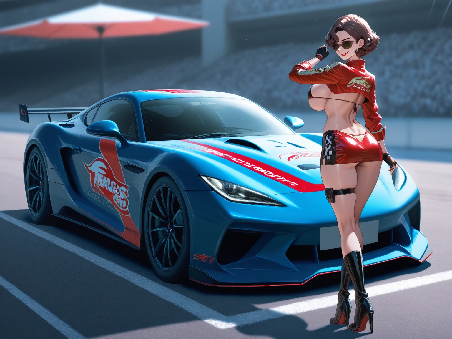 a woman wearing a long open red coat, wearing a black bikini, sunglasses on her head, smiling, long black stockings, long black hair, red eyes, full body, in a traditional racetrack next to a red racing car, holding a racing flag, perfect racing car with no bad detail, car next to the woman, night location, with lighting in place,(woman solo), HDR, ultra resolution, sharp, masterpiece, 8K HD