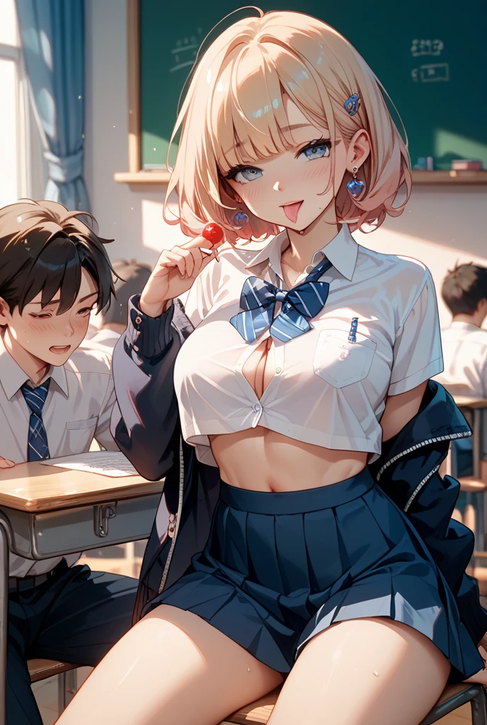 masterpiece, best quality, highres,Very Aesthetic, 1girl, (1boy,a little boy),,age difference,bowtie,blonde hair,breasts,long hair,pink hair,pleated skirt,shirt tucked in,short hair,skirt,smile,tented shirt,in classroom, girl bent over desk, getting fucked, girl having sex with boy, young boy fucking older girl, doggystyle