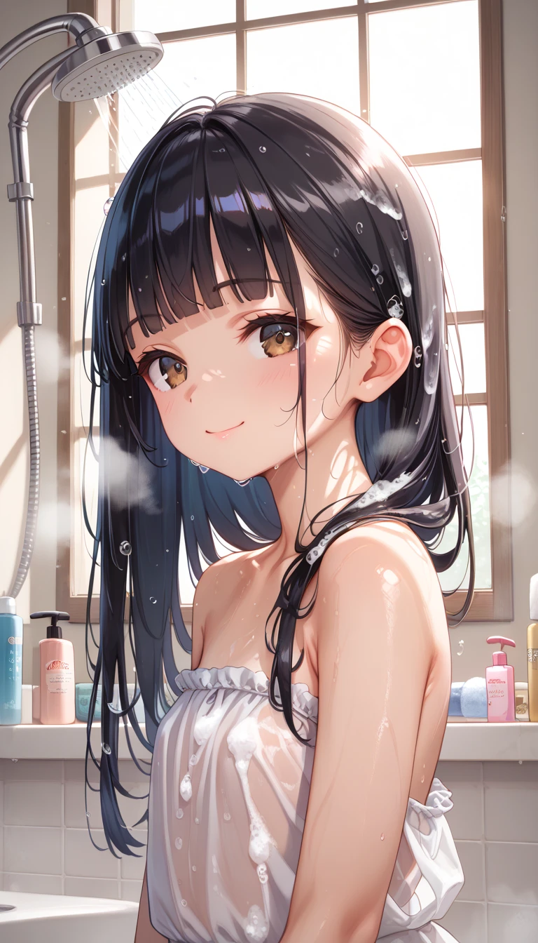 (8-year-old black-haired beautiful girl)Upper Body,Hair washing,Facial cleansing,Close-up ecstatic face'Eyes wearing silver-white mirrored lens sunglasses、I looked at the world reflected in the lenses of my sunglasses..(Side Pony,Colorful Hair),