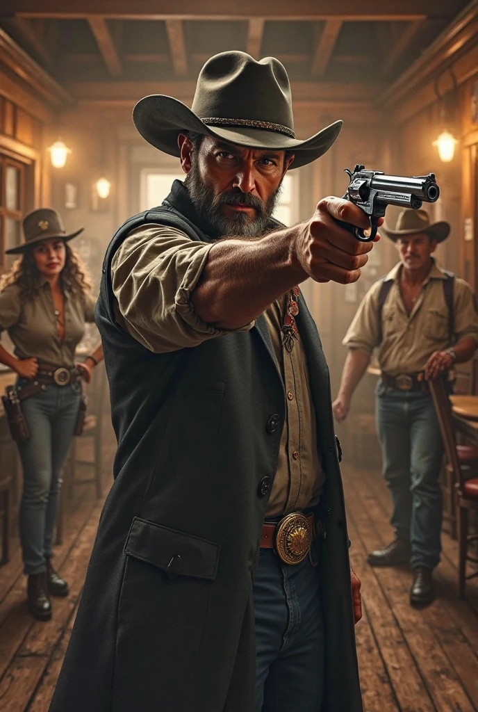 masterpiece, Highest Quality, high resolution, SAA Handgun, Western Fast Shot Gunman,saloon, saloonガール, Sheriff , Western Shootout