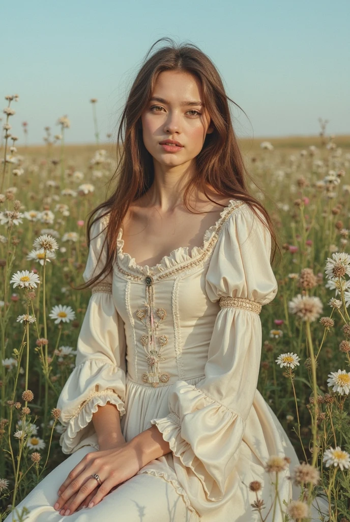 ( Absurdly , high quality , Super detailed ) ,( Handcrafted details ) , One girl, alone, mature, Very long hair, Sunflower Hair , Beautiful crystal eyes ( Eye details ) Baroque, necklace, Long dress, Long sleeve, elegant, colorful, Most detailed, Upper Body , With the river and sunflowers