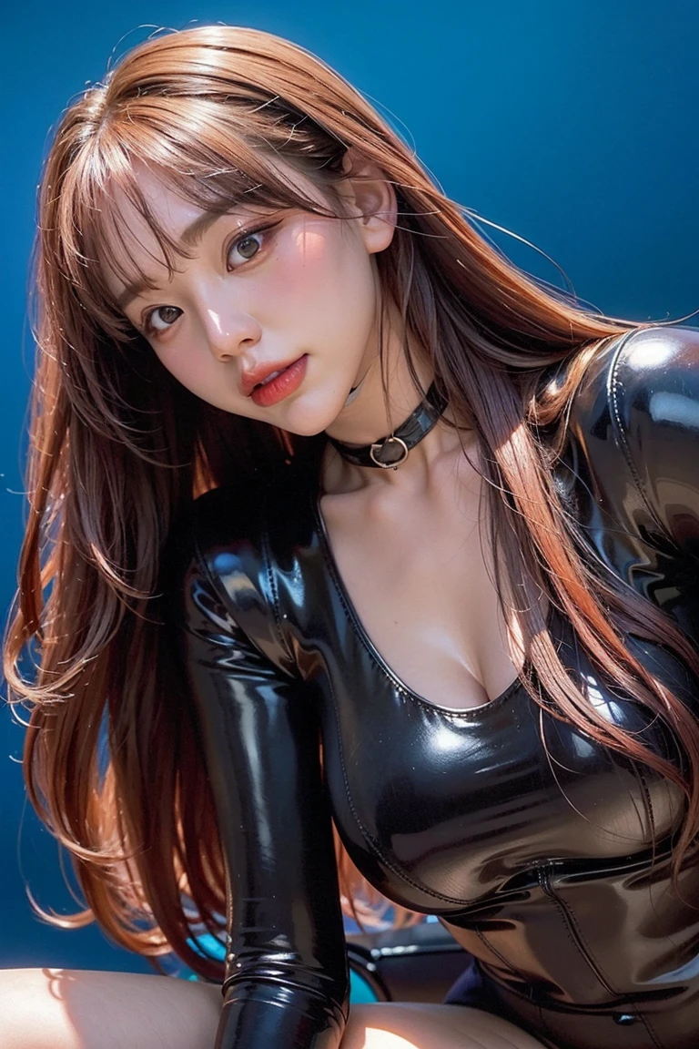 1 female, medium chest, light brown hair, dull bangs, hair behind the ear, hair on shoulders, long hair, slender body shape, Ultra fine face, thin face, delicate lips, beautiful eyes, light blush, eyes are light brown, perfect shiny skin, perfect skin, watch here, ultra thin hands, extra thin fingers, Optimal ratio of 4 fingers and 1 thumb, (realistic:1.3), one person's perspective, fuji film, f/1.2, 8K, table top, nffsw, Super detailed, High resolution,(Super shiny bright red latex full bodysuit:1.3), various poses, empty airliner cabin background, I see a lot of seats, cinematic lighting, Physically based rendering, award-winning, Carl Zeiss 85mm f/1.4, Ellen von Unwerth