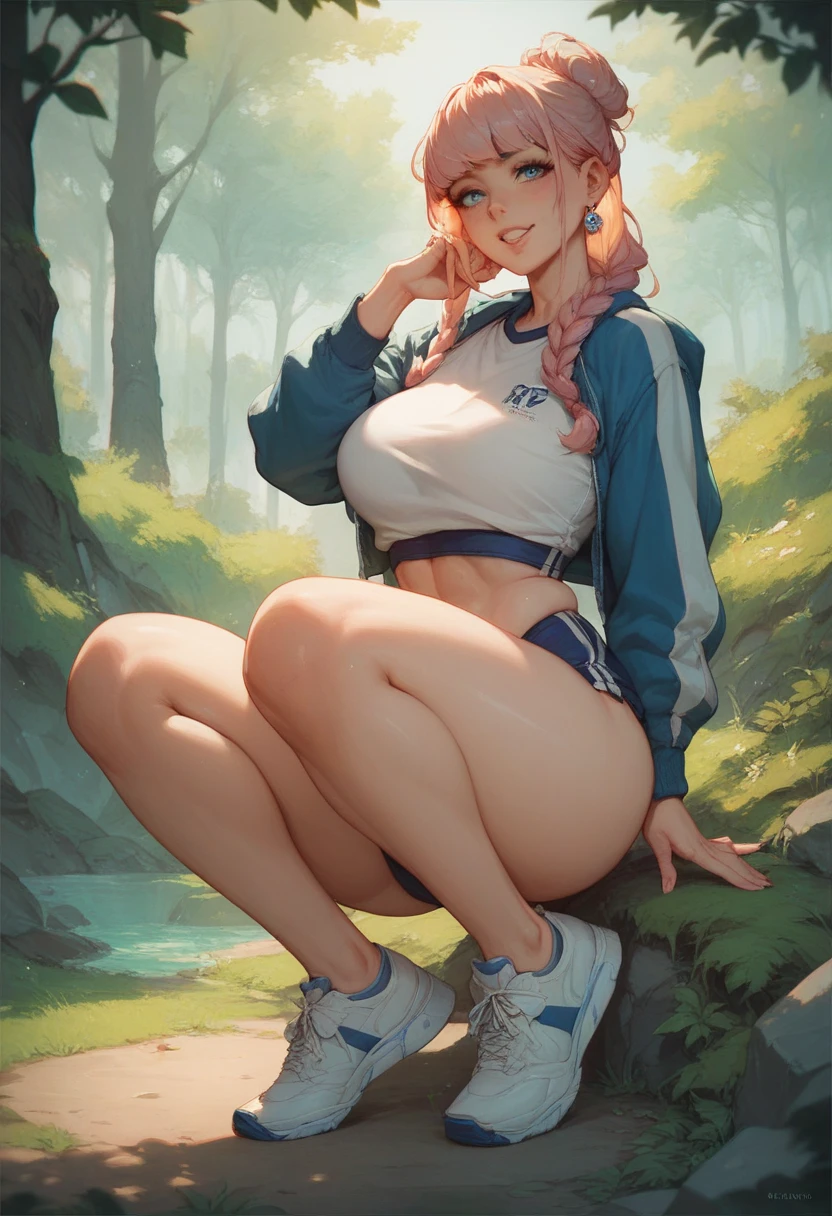 1female,25 age old,熟妇,gigantic cleavage breasts,Big breasts Thin waist,long leges,Pornographic exposure, 独奏,(Background with:ln the forest,the rainforest,in summer) She has long pink hair,standing on your feet,Sweat profusely,drenched all over the body,seen from the front, hair straight, mostly cloudy sky,(((tmasterpiece),(Very detailed CG unity 8K wallpaper),best qualtiy,cinmatic lighting,detailed back ground,beatiful detailed eyes,Bright pupils,blue color eyes,Redlip(Very fine and beautiful),(Beautiful and detailed eye description),ultra - detailed,tmasterpiece,)),facing at camera,(Full body photo),Show shoes,A high resolution,ultra - detailed),revealing breasts,Bare genitalia, Lower body elevation,Raised sexy,Camel toes,Flushed complexion,Open-mouthed,frontage,baseball cap(Wearing:Red baseball jacket,Erotic denim shorts,High heels)nakeness,full bodyesbian