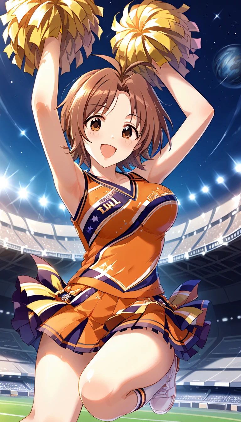 irohaisshiki, iroha isshiki, short hair, brown hair, (Brown eyes:1.5), smile,happy smile, smile, Open your mouth,(cheer leading), (whole body), Big Breasts, Lower, (Sweaty), Sweaty Wet Clothes, (Yellow clothes),No sleeve,Yellow pleated skirt,sneakers , Belly button support, playground, (Jump), (Jump), 足を曲げてJumpする, air, blue sky, Grass原, smile
チアリーダー, Pom-pom \(cheer leading\), Grass, smile, whole bodyがイラストに入るように,
break outdoors,Stadium,
break looking at viewer,whole body,
break (masterpiece:1.2), Highest quality, High resolution, unity 8k wallpaper, (shape:0.8), (Fine and beautiful eyes:1.6), Highly detailed face, Perfect lighting, Highly detailed CG, (Perfect hands, Perfect Anatomy),