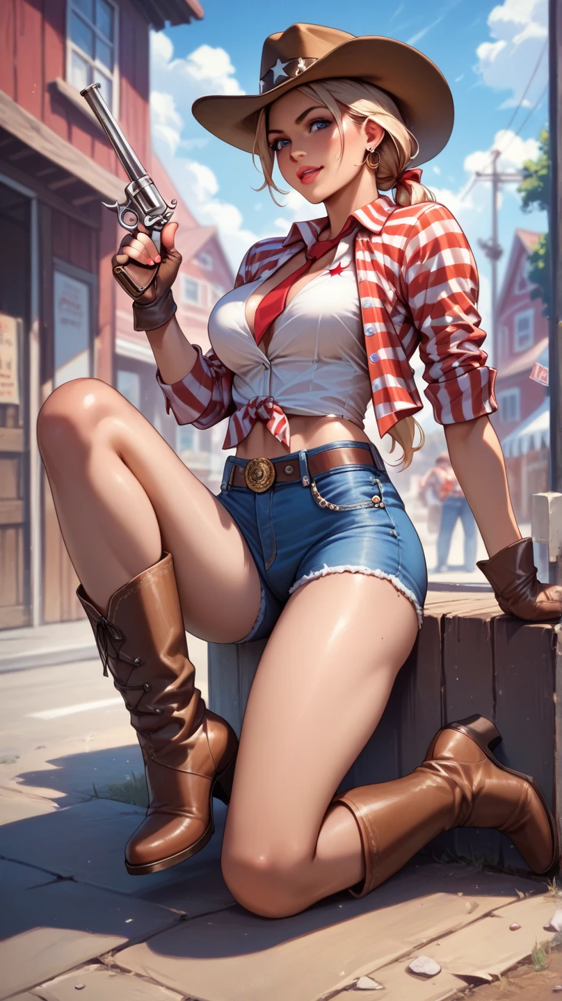 (((1 person:2.0))),(((Cowgirl Costume))),(((Slender body))),(((Small Ass))),(((Denim mini skirt))),(((Wear a western hat))),(((Wear one leather belt))),(((He is wearing a sleeveless shirt, Plaid, front tie shirt.))),(((wearing a watch))),(((short boots))),(((Showing cleavage))),(((Showing your belly button))),(((Exposing thighs))),(((Small breasts:1.5))),(((Bare arms))),(((Her hair is blonde))),, Beautiful detailed girl, Very detailed目と顔, 緻密でBeautiful Eyes, Very detailed, High resolution, highest quality, masterpiece, Very detailed, 8k wallpaper, wonderful, finely, highest quality, The light shines on your face,(Dark underground bar),((Drunk on whiskey:1.0)),Beautiful Eyes,(((Captivating look:1.4))),Cowboy Shot,Drinking whiskey