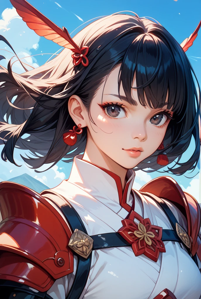 masterpiece, best quality,1girl, red bow, bow, long hair, hair bow, ainu clothes, solo, hairband, bird, black hair, fingerless gloves, short sleeves, gloves, sash, pants, bangs, red hairband, weapon, breasts, brown eyes, white pants, japanese clothes, nakoruru, light smile, officials art, good composition, official pose, detailed portrait, portrait, bokeh, mountain background with cloud, pencil style, traditional brush, samurai, onmyoji style, high resolution, dramatic lighting and shadow, sun flared, blurry foreground