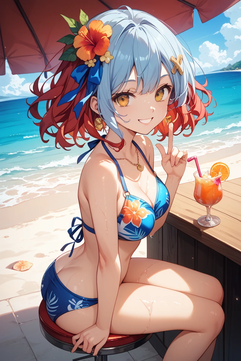masterpiece, highest quality, super detailed, 1 girl、Againm、Again:zero、blue hair、short hair、 super fine illustration、美しいseductive anime girl、Super detailed、night、Beerで乾杯、Beer、full moon、Sunburn mark、black skin、smile、beautiful bluish eyes、beautiful proportions、gentle expression、seductive anime girl、Glossy skin、seaside、beach、hot spring、red school swimsuit 、High leg、sex