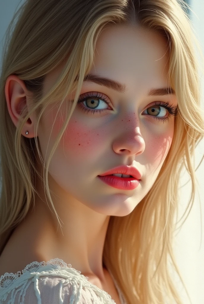 8k, Masterpiece, Top Quality, Close-up,  three-quarter view, young woman, blonde hair,  fair skin, freckles, neutral expression, cream newsboy cap, black sleeveless top, ruffled neckline,  simple background, muted taupe.