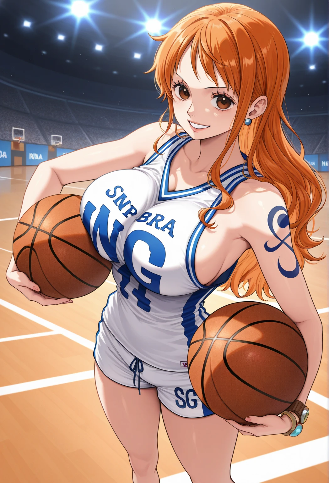 One Punch Man、basketball court、Captain Mizuki、captain、（（（high kick）））＋＋＋、（（（NBL：）））＋＋＋、（（（basketball player）））＋＋＋、（（（basketball uniform）））＋＋＋、（（（basketball）））＋＋＋、（（（pitching form）））＋＋＋、（（（pitching form）））＋＋＋、With a bright and cheerful personality、Uses a variety of attack methods with track and field motifuscular big breasted mature woman、muscular big breasted mature woman、８head and body、A stunning six-pack peeks out through her clothes.、Baseball shoes and wristbands on both hands that boast a well-trained, toned, supple body、earrings on both ears、Her long, voluminous hair is tied up with a scrunchie.。It is located slightly to the left of the top of the head.、Between pineapple hair and side tail、orange hair blue eyes、（（（NBL basketball）））＋＋＋、