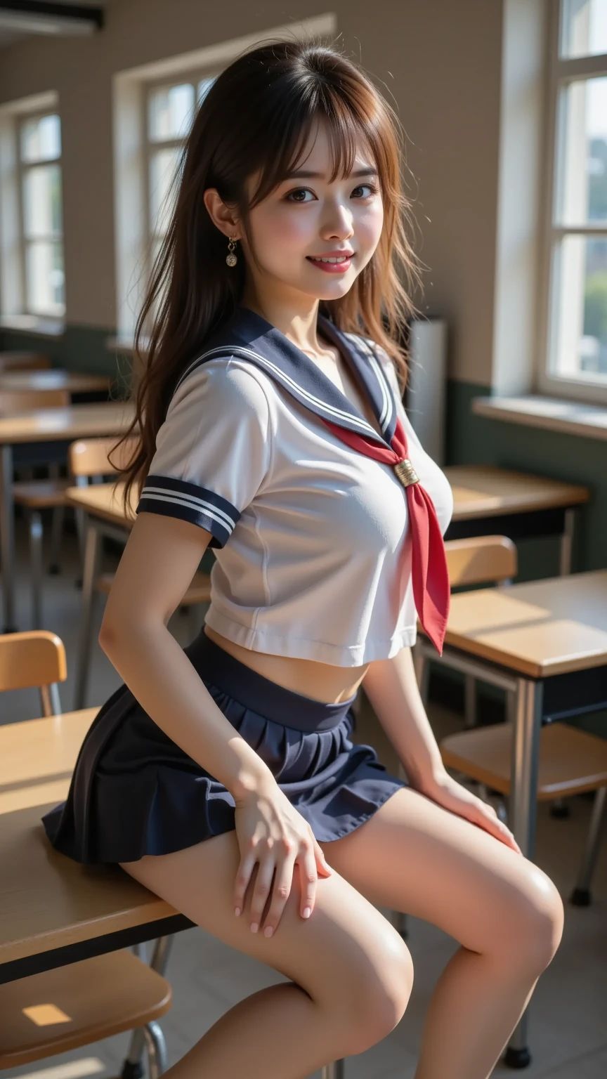 (reality: 1.4),highest quality, masterpiece, high detail, 16K quality, beautiful, 1 beautiful girl,japanese,super beautiful face,baby face,japanese idol face,cute face,super detailed face,detailed hand,beautiful skin,oily skin,big eyes,profeccional lighting,long hair,black hair,brown beautiful eyes, sitting whith knee up,arms behind back,big smile,legs spread,spread pussy,(skirt lift),big breasts,(sailor suit),(checked skirt),(spread pussy),detailed pussy,black high socks,she is looking at the camera,classroom,nsfw,from below,