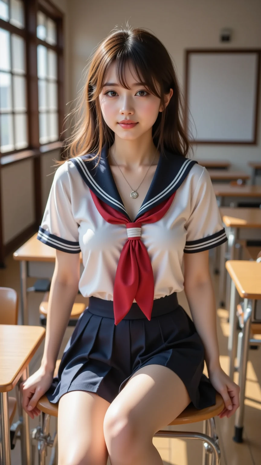 (masterpiece, highest quality:1.2), 8k, Young and beautiful girl, 85mm,Official AR RAW Photos, Baby Face、服を着たBig Breasts、show me your ears、photo shoot, Cute face, Thighs, Classroom after school, Looking at the audience, Embarrassing、smile、No makeup, Film Grain, chromatic aberration, Sharp focus, Face Light, Bright lighting, 10 generations, Detailed face, Background blur、((((((18 year old high school girl))))))、Narrow waist、Sailor suit、Not wearing a skirt、vagina/Pussy、I always wear glasses、Very large breasts、Big Breasts、Squat with your legs wide apart、I can see your crotch、Pee、To urinate、Best Shot