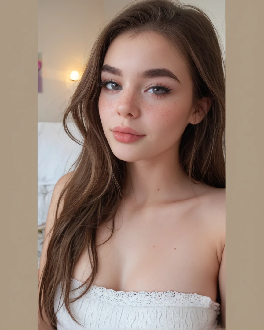 (best quality,4k,highres,masterpiece:1.2),ultra-detailed,(realistic,photo-realistic:1.37), woman with long messy brown hair, stunning blue eyes,beautiful detailed lips,medium-light skin tone,impeccably groomed eyebrows, sasha grey, portrait sophie mudd, 24 years old, madison beer girl portrait, violet myers, she looks like a mix of grimes, maggie lindemann, very pretty model, arian mark, natural makeup, flawless complexion,well-defined cheekbones,soft and radiant lighting,subtle blush on her cheeks,attention to every detail,meticulously styled long hair,lovely blue pajama with delicate patterns,expressive eyes with long eyelashes,meticulously drawn eyeliner,gently applied eyeshadow,subtle and glossy lipstick,colored nail polish,sparkling earrings that catch the light,natural and soft-looking makeup,reflective mirror with a beautiful frame,great attention to the texture and shine of the hair,pleasant background with a touch of pastel colors,vivid colors that enhance the overall picture,impressive realism and high level of detail, big smile, large breasts