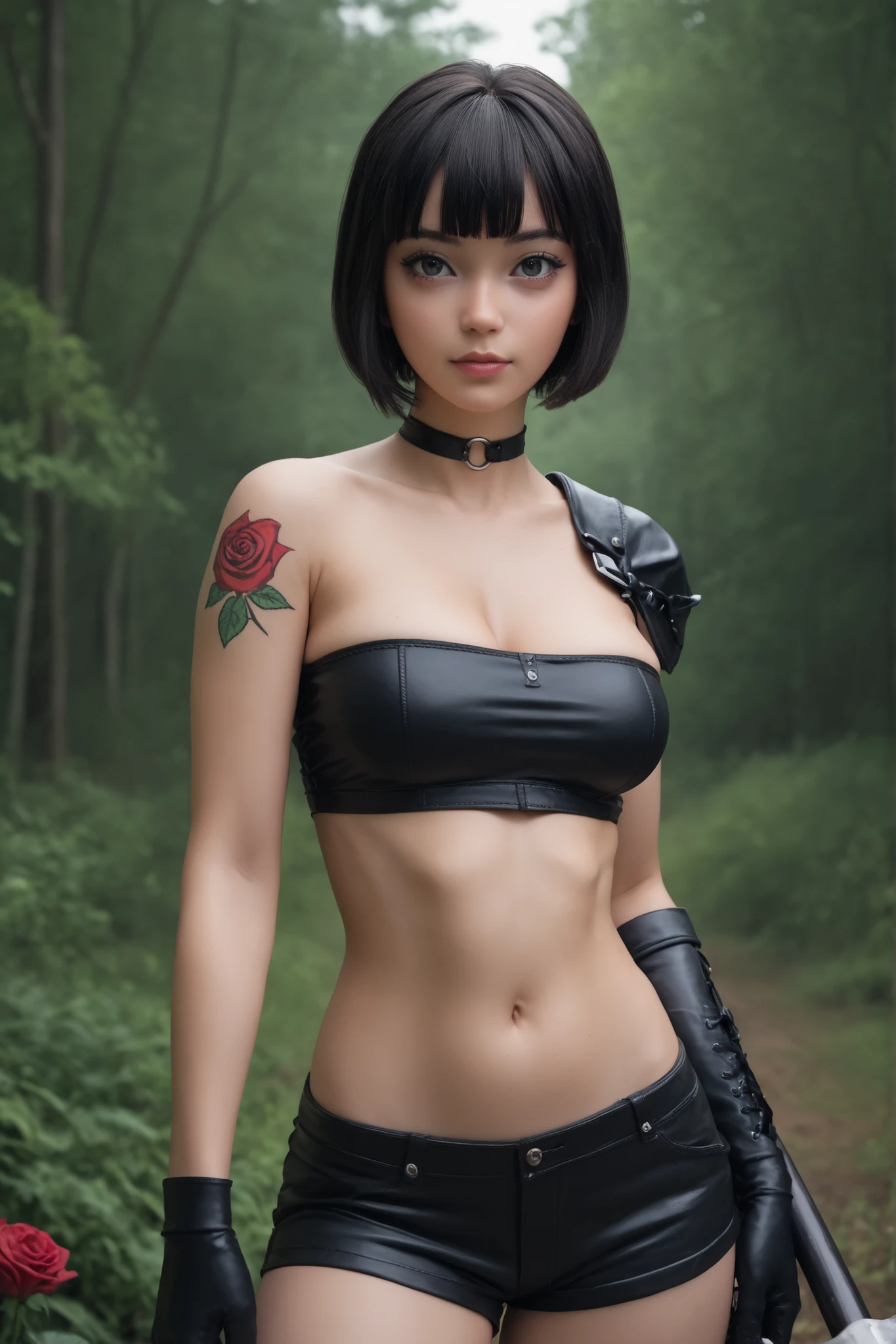 (1girl), (black choker), (black leather gloves ), (holding an axe), ( Rose Tattoo on right shoulder), (short hair with blunt bangs ), (Outside in misty forest), (slim body, big cleavage), gothic-chic bandeau top, cropped tight hot shorts, score_9, score_8_up, score_7_up, look at the viewer,,