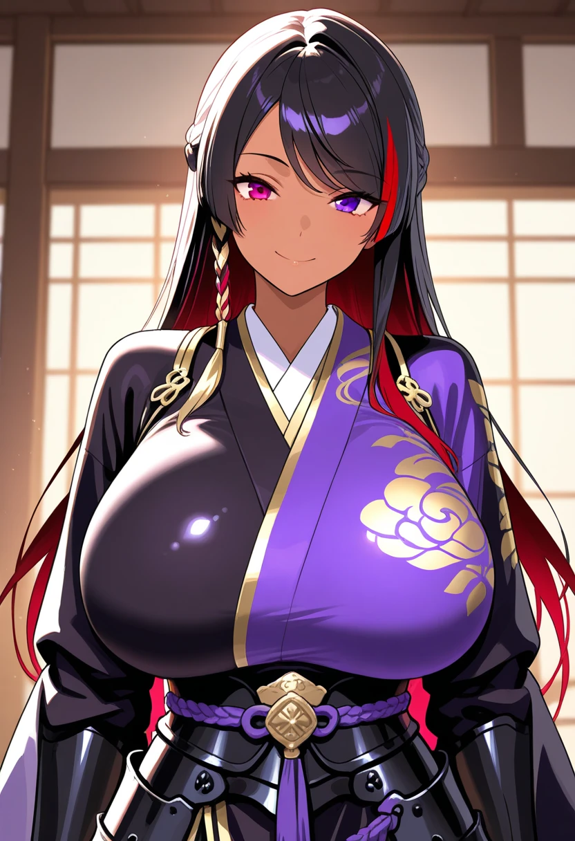 1girl in, Yorui Chishihou Inn, Yoruichi Shihouin, Long hair, (Yellow eyes:1.5), Ponytail, Purple hair, ((Dark skin)), ((dark skinned female)),
kimono,((Colossal breasts:1.2)), ((A smile)), Blushing cheeks, ((Kamimei), In a Japanese-style room,
BREAK looking at viewer,
BREAK (masutepiece:1.2), Best Quality, High resolution, Unity 8k壁纸, (Illustration:0.8), (Beautiful detailed eyes:1.6), extra detailed face, Perfect Lighting, extremely details CG, (Perfect hands, Perfect Anatomy),