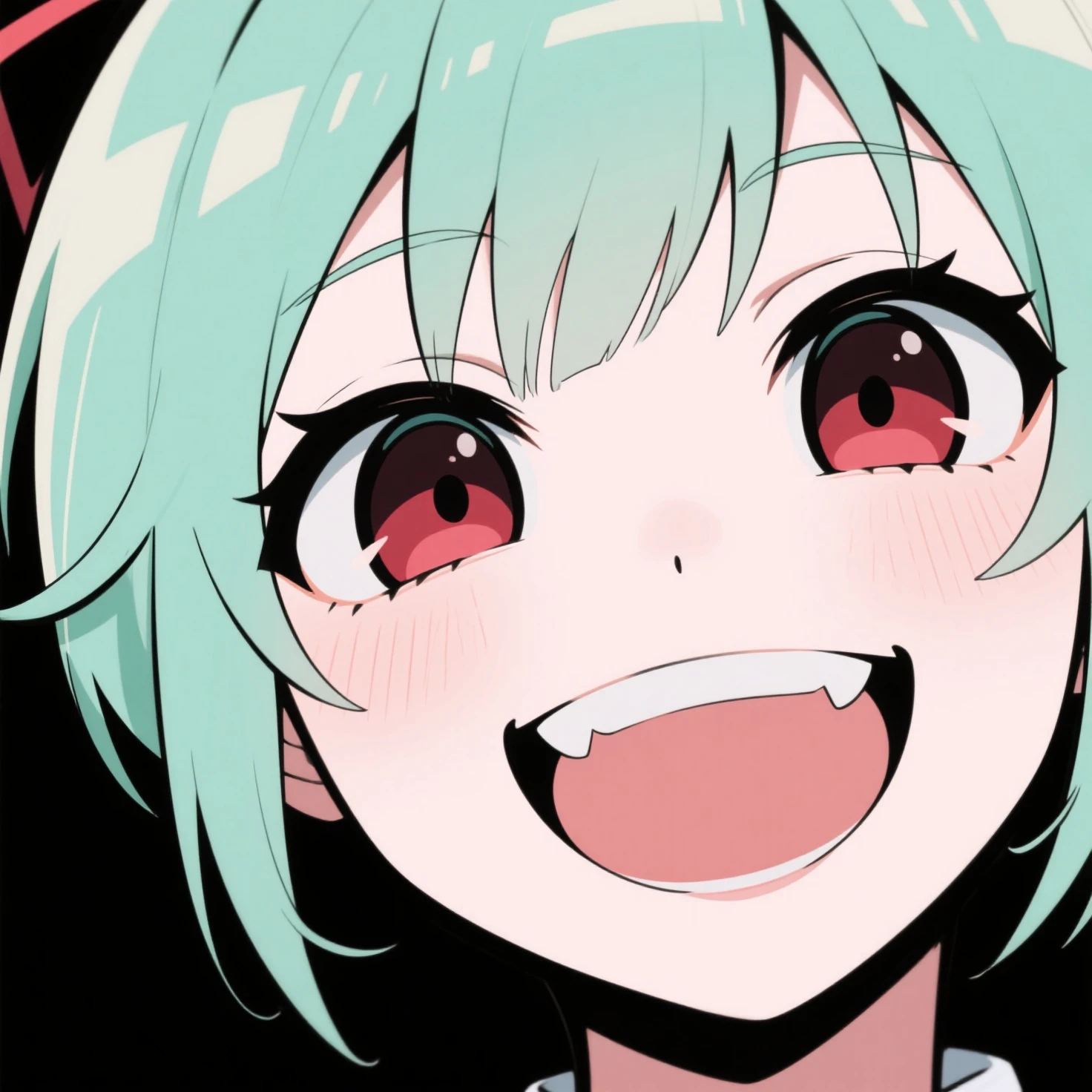 (best quality, masterpiece, highres),1girl,red eyes,green hair,jitome,open mouth,fangs,tongue,smile,close-up,braided bun,white background,
<lora:BX_color sketch_v1.04cy:1>,