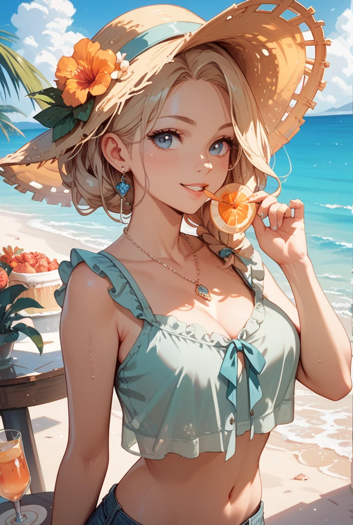A beautiful stranger in an elegant summer hat at a table in a summer cafe, a beautiful face, big blue eyes, golden wavy short hair illuminates the summer sun, aesthetically pleasing, beautiful, close-up, professional photo, realistic, 4k, high resolution, high detail, ISO 100, 30mm lens, digital