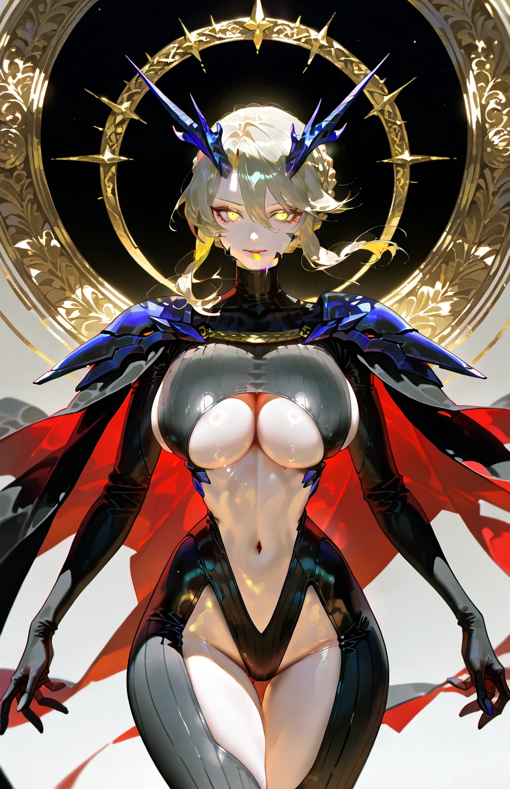 Top Quality, Photorealistic, 8K, High Definition, absurd res, high res, ultra sharp, masterpiece, (masterpiece), best quality, expressive eyes, perfect face, Super eyes, A mid-shot photograph of mid-twenties Japanese female android made of white and silver transparent glass and plastic, geisha makeup, black hairstyle, silver and gold metal internal body mechanisms, dynamic pose, flowing organic construction, detailed engraving, lacework designs, glowing golden circuitry, colorful neon trim, detailed engraving, lacework designs, glowing circuitry, neon trim, art by H.R. Giger, Greg Rutowski