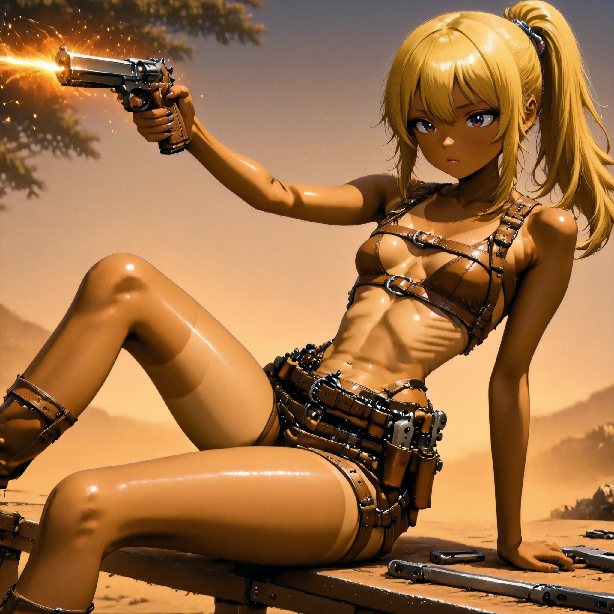 Fast Hit Cowgirl from Dark Western,A Pistol with a Red Aura、Stomps on a Defeated Cowboy、tanned leather tool belt、tanned leather full harness、Yellow Hair、ponytail、textured brown skin、about、small breasts、Tight legs、kogyaru、Nature background