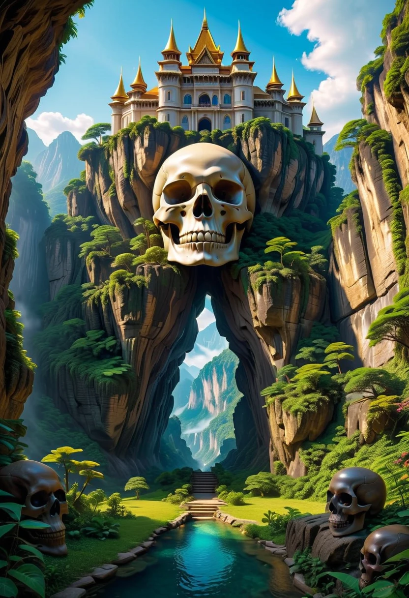 a tropical island, a gigantic human skull shaped cave, strange trees and animals, fog, (best quality,4k,8k,highres,masterpiece:1.2),ultra-detailed,(realistic,photorealistic,photo-realistic:1.37),detailed rock formations,lush vegetation,mysterious atmosphere,dramatic lighting,dramatic landscape,cinematic composition,moody colors,dark fantasy,surreal,epic scale