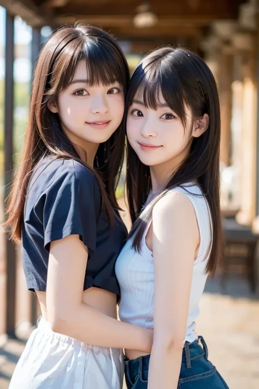 identical twin sisters、realistic、realistic skin texture、automatic rifle、tattoo