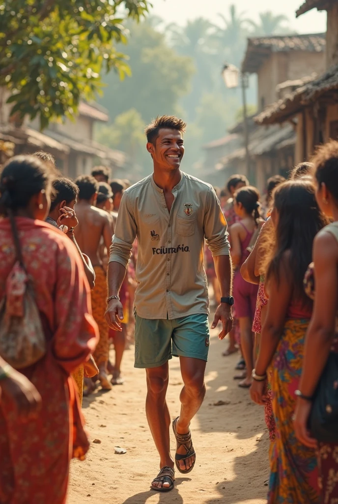 Create an image of a brown man running in rice fields happyly wearing lungi and sleeveless baniyan