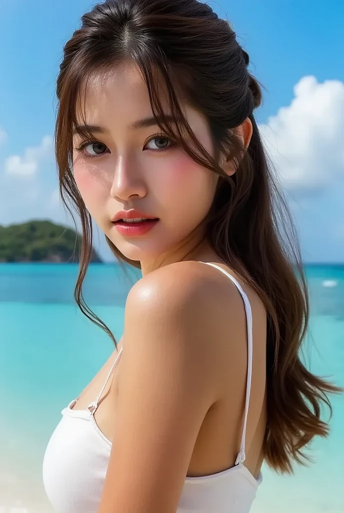 (masterpiece:1.3), (8k, Realistic, RAW Photos, Best image quality: 1.4)、(Cute hairstyle:1.2)、Large Breasts:1.2、Breastfeeding 1.Too big、Round ass、Complete look、Highly detailed face、Eye on the details、double eyelid、With one heart、Sharp focus:1.2、Beautiful Japanese Woman:1.4、Light brown hair、Highest quality、masterpiece、Ultra-high resolution、(Realistic:1.4)、Natural light、((Hawaii&#39;Most popular bikinis))、 One gift&#39;shoulder、slim、Serious expression、Short and delicate hair, Tropical Beach, Beach Background, Tropical Tree