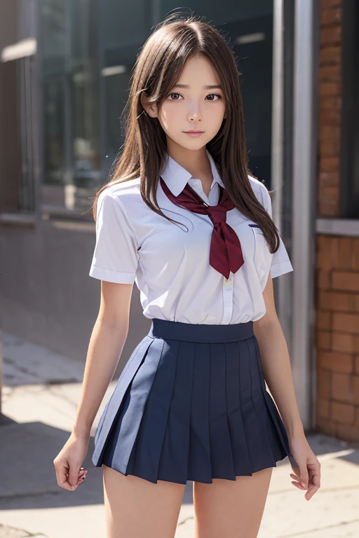 ((masterpiece)), ((Highest quality)), (Very detailed), Confused, Very detailed CG Unity 8k 壁紙, Official Art, Accurately depict shapes, Beautiful Face, Expressive eyes, Looking at the audience, alone, close, scenery, Captivating smile, 1 Girl, (Mature Woman, older), Mature Woman, Maternal, Wide Hips, bent, clavicle, lips, High resolution、 (Schoolgirl Uniform), (Schoolgirl skirt ), (White thigh-high socks), pantyhose,