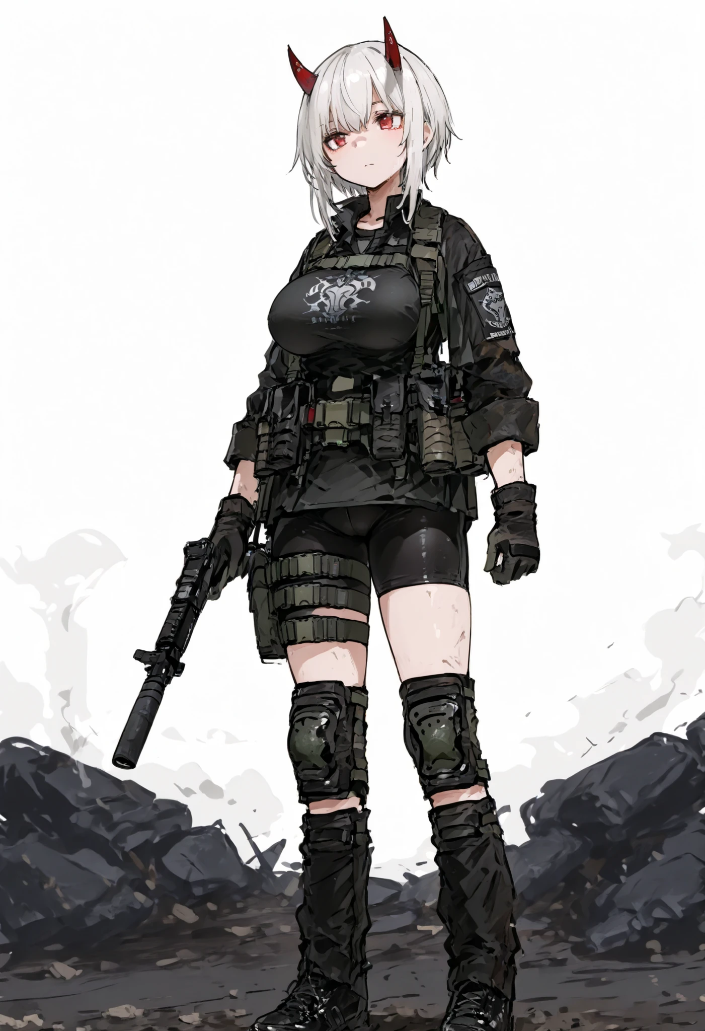 1girl, solo, white hair, red eyes, devil horns, red horns, large breasts, black combat shirt, black bike shorts, black knee pads, loose black gaiters, black gloves, black shoes, tactical gear, standing