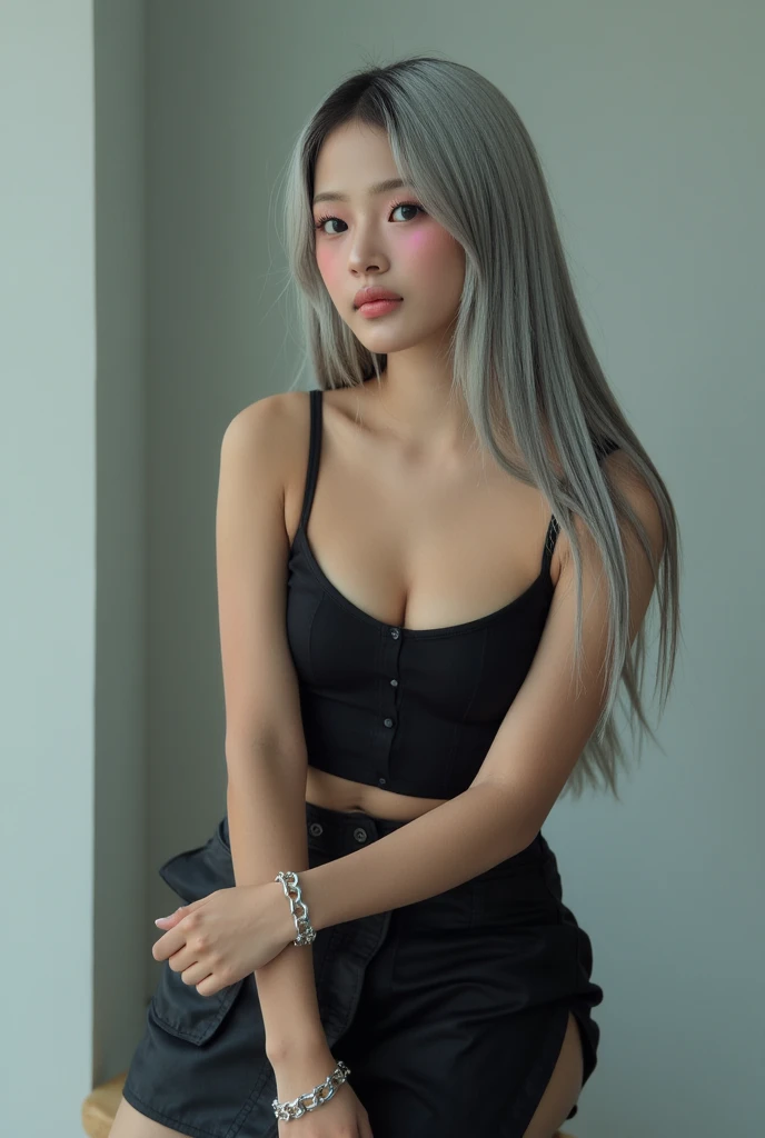 (NFSW), highly detailed, beautiful, hyper Realistic girl, masterpiece, best quality, Japanese gal Influencer , beautiful girl, (upper body Selfie shot, zoom shot), gray hair, light color eyes, (looking away:1.3), Detailed face, happy, black sexy sports shorts, surreal, (huge breast, showing cleavage, nothing gaps cleavage:1.2), simple modern, bed room, complicated background, row photo, Cover your mouth with one hand、Selphy, Smartphone shooting, Awkward framing,Looking away, Wakimi、Downcast eyes