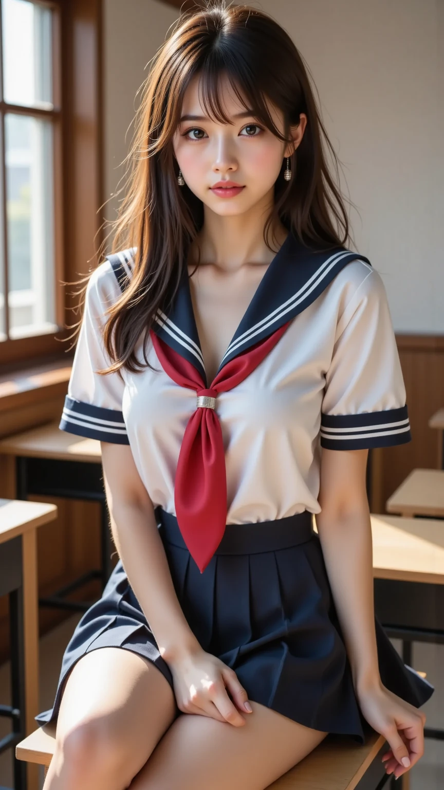 Non-NSFW、Real、(Highest quality), (masterpiece)、Ultra-high resolution、RAW Photos, (upper body), (in classroom:1.5), Fantasy、Looking into the camera、alone、(elemental Sylph:1.1), Beautiful Spirit、Super Beauty, (Mature:1.2), (24years-old:1.2)、Moisturized Skin、Perfect model body、Beautiful Eyes、Big eyes, (brown eyes:1.2)、Inconspicuous tear bags、slim、No bra、Beautiful fingers、Very long hair、highly saturated photos, clavicle, Splash, attractive,skinny, (sad:1.4), no_panties, (Large Breasts:1.6), Nipples, (brown hair), (Waist-length hair:1.5), Small Ass, lips, (sailor uniform:1.5),(Checked blue skirt:1.2),(red tie:1.2), (pleated miniskirt :1.5),(high heels:1.1), (Several sexy poses:1.1)