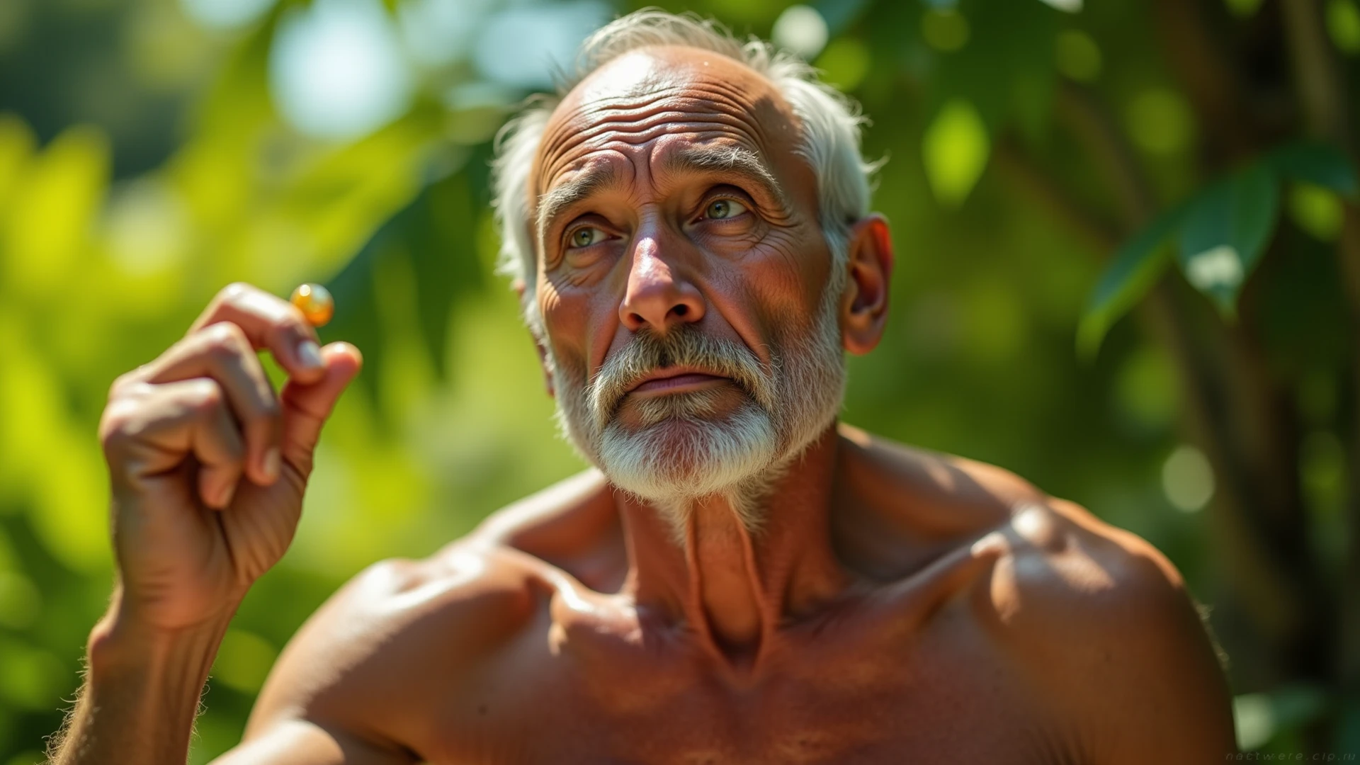 An elder with a long beard and white hair, with a serene face wrinkles, looking producing, body older weak, skinny bones hairy, body naked, his shirt was open to reveal his stomach wrinkles older hairy weak and chest, arms legs neck hands feet skinny old and weak, shy and blushed, Lying in the water,water lily,lotus leaf,Closed eyes,master-piece,4K images,beste-Qualit