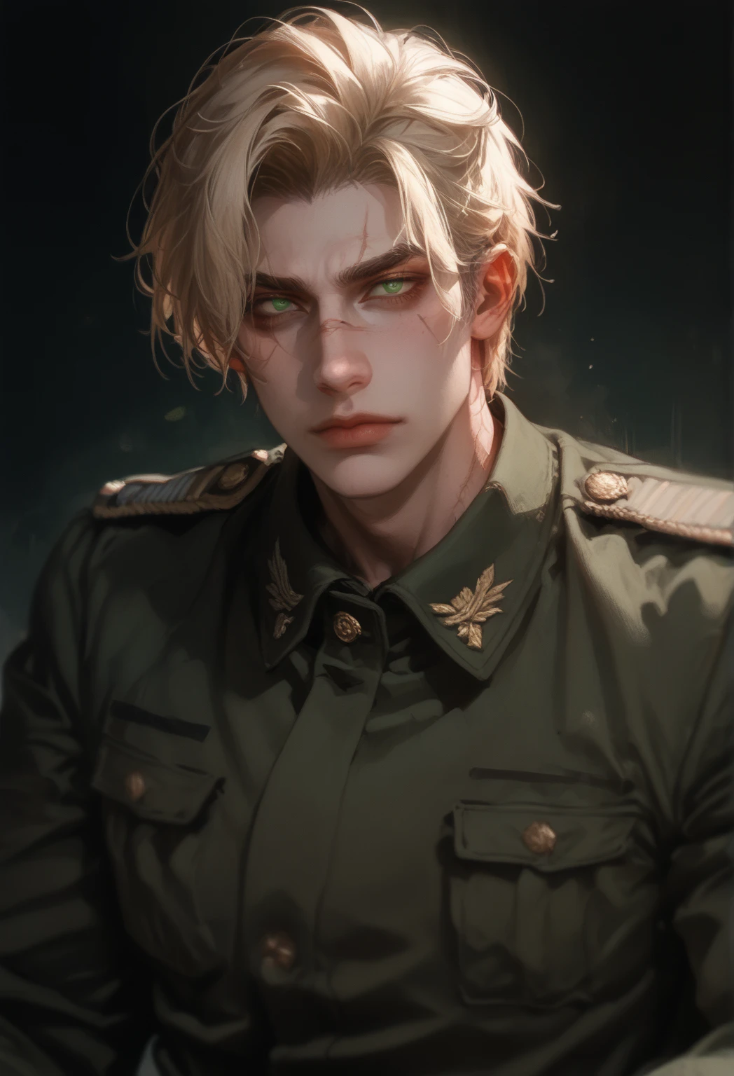 A young tall thin man with blond wavy short hair in an old-style medieval canvas shirt stained with blood and pants wounded lying on the ground in the forest, blood on his chest, in the distance you can see the stone wall of the castle, 3d, in the afternoon in the forest