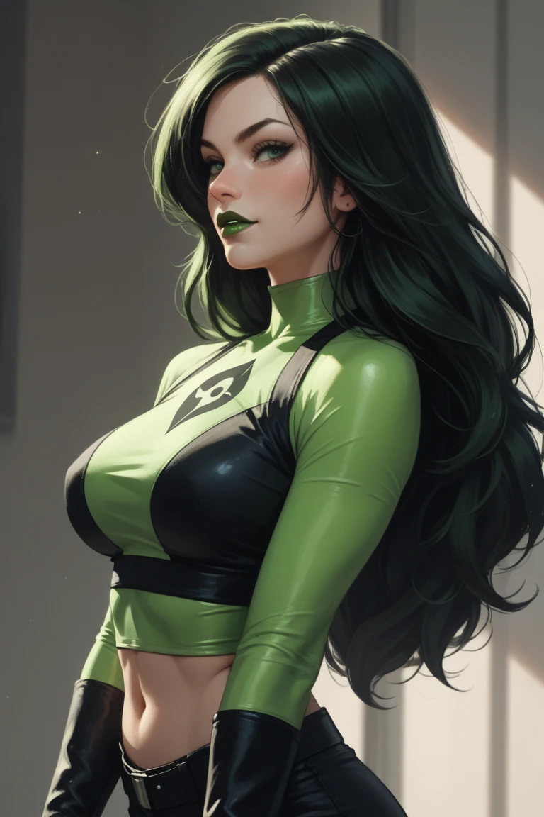 official art, masterpiece, Lorna Dane, Polaris,green lips, 1girl, solo,cup, makeup, lipstick, long hair, mug, holding cup, breasts, cleavage, looking at viewer,holding,upper body, nice hands, specular highlights <lora:Polaris-10:0.8>