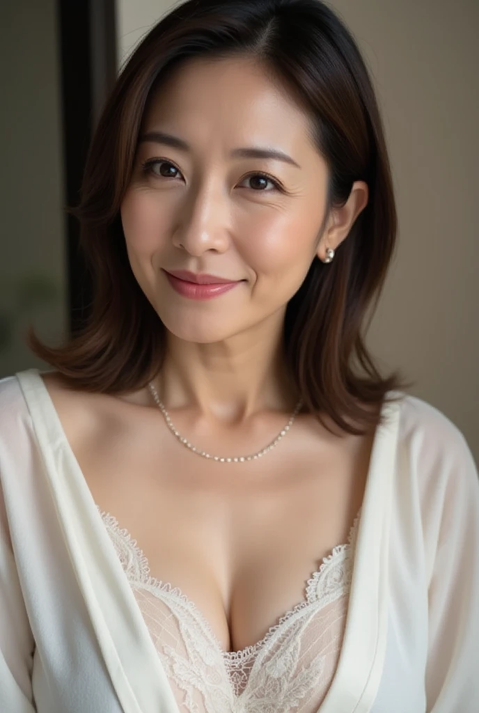Japanese Workplace、racy lingerie、highest quality,Japanese ,Realistic characters, figure, Super detailed, finely, High resolution, Detailed and beautiful eyes,Ridiculous Underwear, Center of chest, Natural color lip, Sexy pose,smile、40 year old girl,Short Hair 、Cowboy Shortcuts