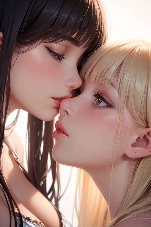 There is a close up of 2 kissing females, they hugging each other and passionaly kissing in the rose garden, (ultra high quality fantasy art, dafk fantasy style, masterpiece, ultra highquality character design, 8k quality anime art, realistic anime art, top quality wallpaper illustration, detailed ultra high quality acurate face, highquality design and acurate physic)