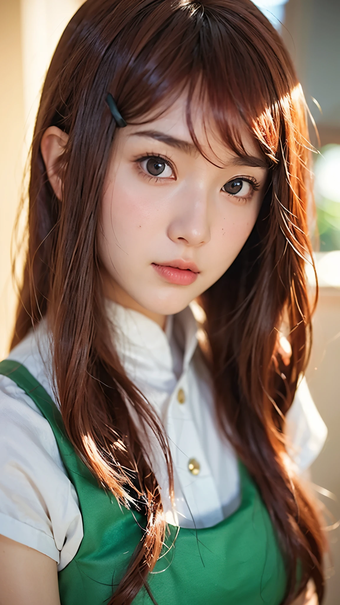 "Create a hyper-realistic portrait of Uzumaki Kushina from Naruto Shippuden as if she existed in the real world. She is a beautiful woman in her mid-20s with long, vibrant crimson red hair that flows smoothly past her waist, slightly wavy at the ends. Her eyes are a striking violet, expressive and warm, reflecting her strong will and maternal kindness. Her skin is fair and flawless, with soft, natural lighting emphasizing her facial structure. She wears a modern, subtly stylized version of her Konoha outfit—green apron-style dress over a white blouse, with textures appropriate for real-world fabric like cotton and linen. The background should be soft and warm, evoking a peaceful Konoha village atmosphere during golden hour. Her expression is gentle but strong, conveying both nurturing energy and fierce determination. Use cinematic-level detail, realistic skin textures, natural hair flow, and lifelike eyes. Style should balance realism with subtle anime essence, akin to high-end digital character photography."