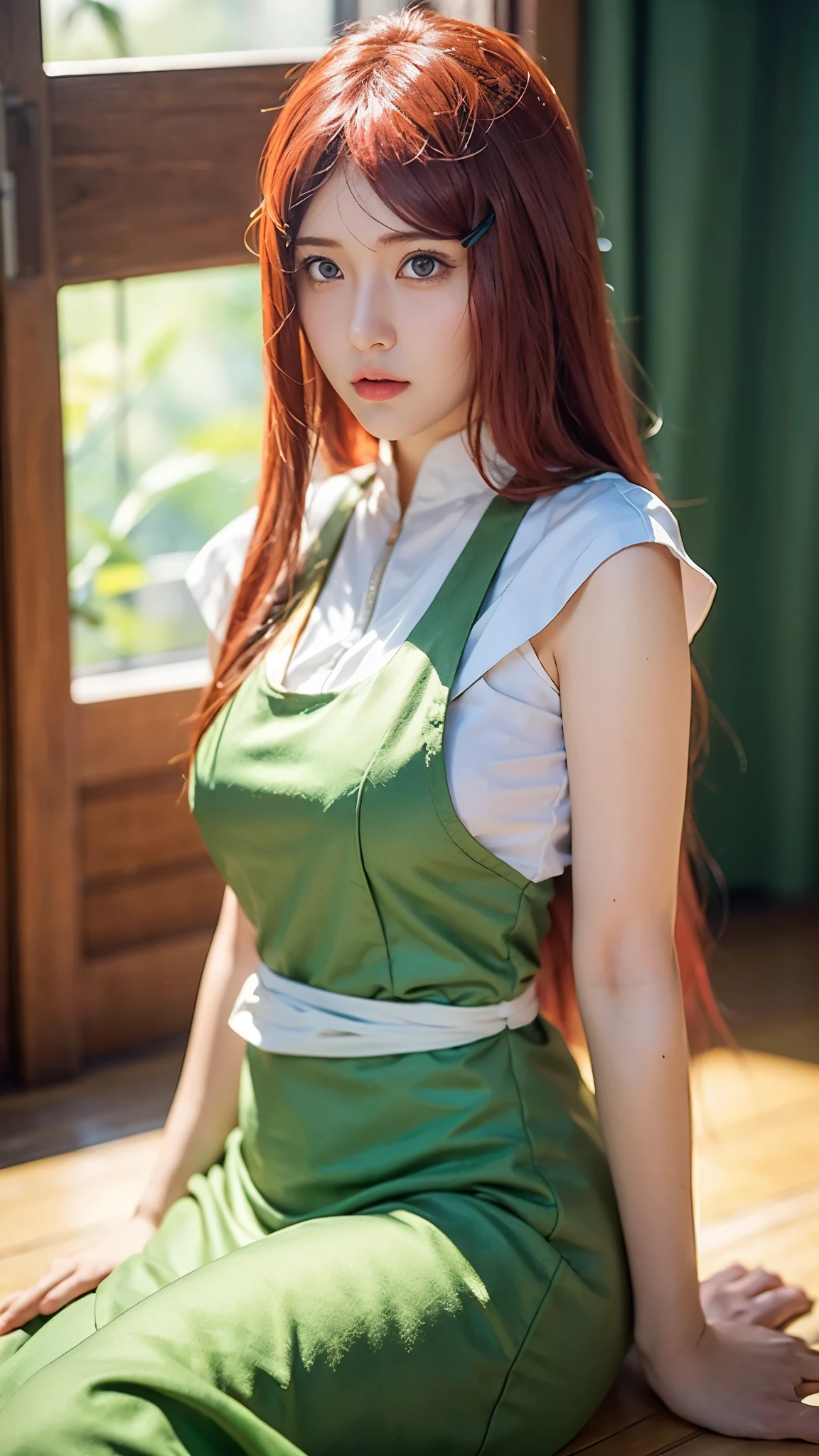 "Create a hyper-realistic portrait of Uzumaki Kushina from Naruto Shippuden as if she existed in the real world. She is a beautiful woman in her mid-20s with long, vibrant crimson red hair that flows smoothly past her waist, slightly wavy at the ends. Her eyes are a striking violet, expressive and warm, reflecting her strong will and maternal kindness. Her skin is fair and flawless, with soft, natural lighting emphasizing her facial structure. She wears a modern, subtly stylized version of her Konoha outfit—green apron-style dress over a white blouse, with textures appropriate for real-world fabric like cotton and linen. The background should be soft and warm, evoking a peaceful Konoha village atmosphere during golden hour. Her expression is gentle but strong, conveying both nurturing energy and fierce determination. Use cinematic-level detail, realistic skin textures, natural hair flow, and lifelike eyes. Style should balance realism with subtle anime essence, akin to high-end digital character photography."