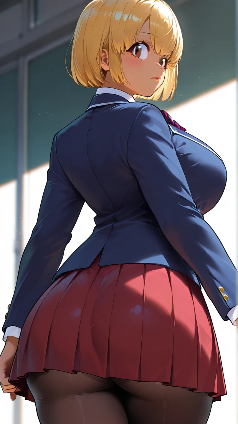 (best quality:1.5, highres, UHD, 4K, detailed lighting, shaders), blonde ponytail, earrings, large breasts, thighs, crotch, school uniform, skirt lift, (from below view, close shot, cum on crotch), street background, smiling, blushing:1.2