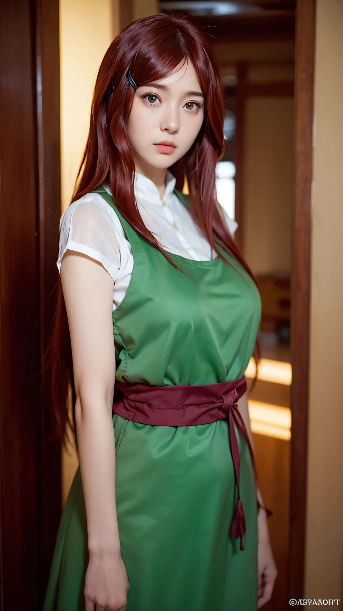 "Create a hyper-realistic portrait of Uzumaki Kushina from Naruto Shippuden as if she existed in the real world. She is a beautiful woman in her mid-20s with long, vibrant crimson red hair that flows smoothly past her waist, slightly wavy at the ends. Her eyes are a striking violet, expressive and warm, reflecting her strong will and maternal kindness. Her skin is fair and flawless, with soft, natural lighting emphasizing her facial structure. She wears a modern, subtly stylized version of her Konoha outfit—green apron-style dress over a white blouse, with textures appropriate for real-world fabric like cotton and linen. The background should be soft and warm, evoking a peaceful Konoha village atmosphere during golden hour. Her expression is gentle but strong, conveying both nurturing energy and fierce determination. Use cinematic-level detail, realistic skin textures, natural hair flow, and lifelike eyes. Style should balance realism with subtle anime essence, akin to high-end digital character photography."