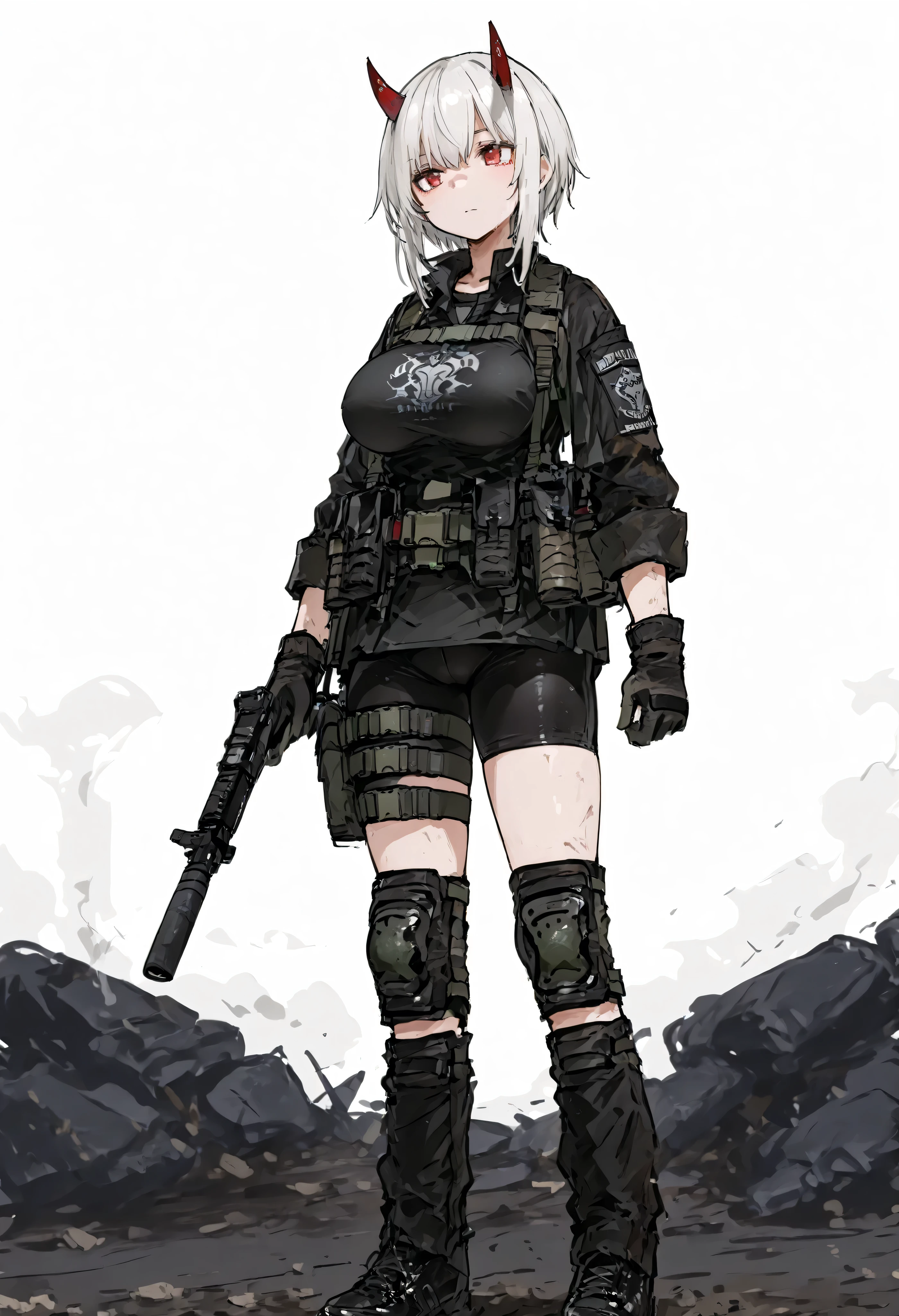 1girl, solo, white hair, red eyes, devil horns, red horns, large breasts, black combat shirt, black bike shorts, black knee pads, loose black gaiters, black gloves, black shoes, tactical gear, standing
