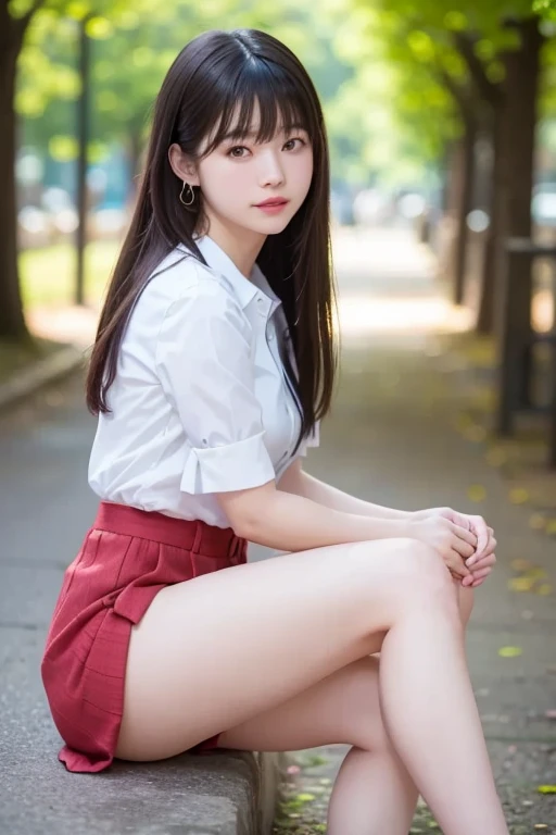 Top image quality, RAW photo, ultra-high resolution, taken from the side, gentle smile, 16-year-old Korean, very big breasts, cleavage, fair skin, shiny white skin, short bob, bright silver hair, neatly matched bangs, ribbons, school uniform, collared shirt, plaid skirt, beautiful eyes, beautiful eyes of random colors, very thin lips, beautiful eyes with details, elongated eyes, pale pink cheeks, Long eyelashes, beautiful double eyelids, eyeshadow, beautiful thin legs, beautiful feet, beautiful constriction, beautiful hip line, earrings, necklace, big park, big stairs in park, sitting on stairs, squatting