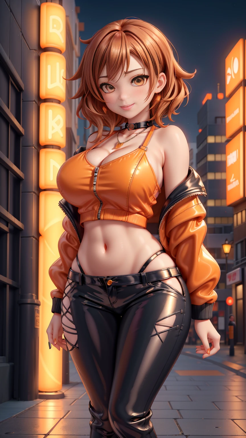 (masterpiece)(8k)((cute))(18-year old girl)(solo:1.5)(1girl:1.5)(wild hair:1.3)(short hair:1.3)(orange hair)(flat chest)(small breasts)(nipple bumps:1.2)(green pupils)(glossy skin)(glossy lips:1.1)(shiny)(seductive)(serious)(leaned forward:1.2)(choker necklace)(punk style:1.2)(goth style:1.1)(ripped shorts:1.3)(leather:1.2)(star pattern:1.2)(midnight)(city lights:1.2)(windy:1.3)