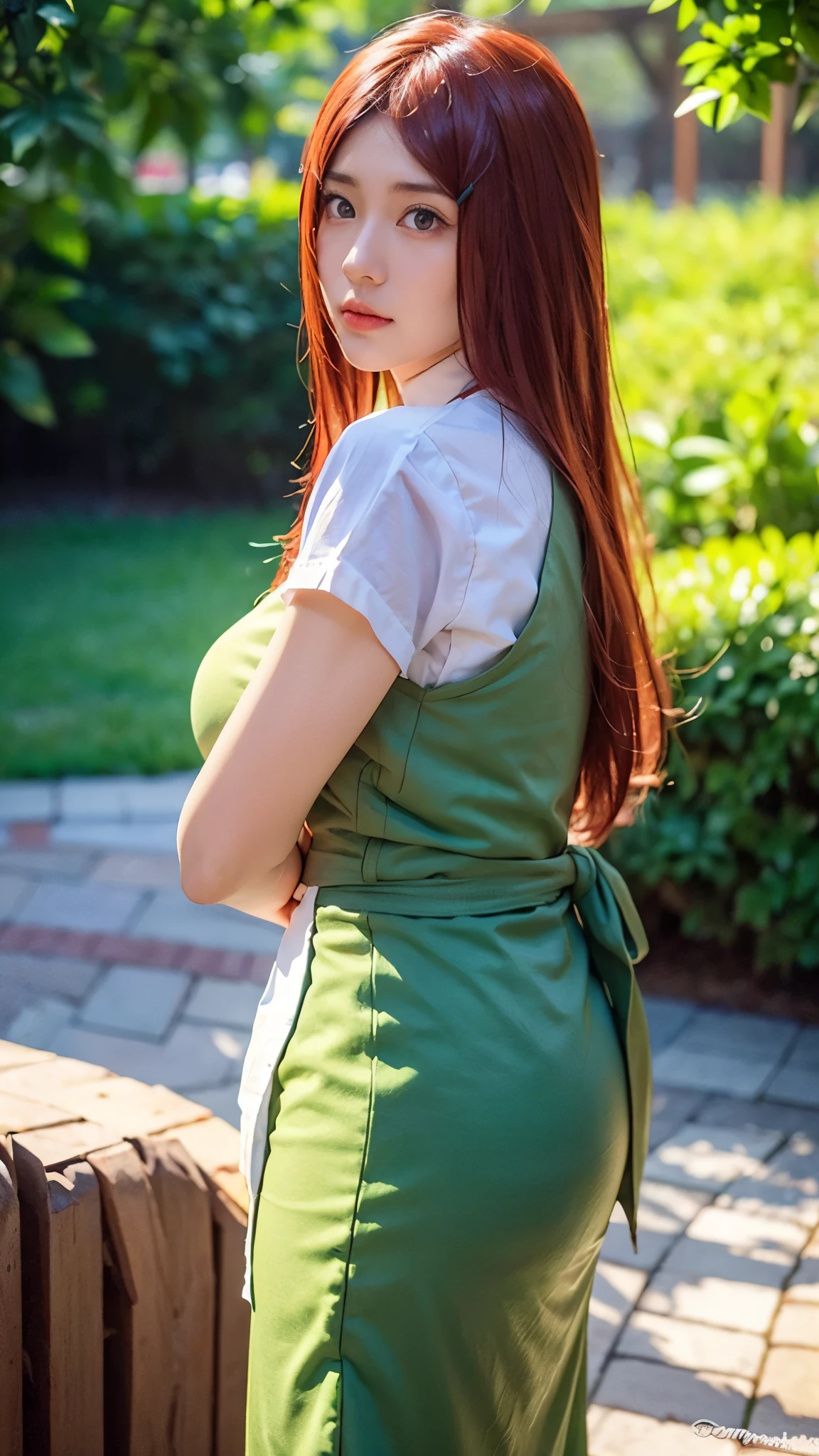 "Create a hyper-realistic portrait of Uzumaki Kushina from Naruto Shippuden as if she existed in the real world. She is a beautiful woman in her mid-20s with long, vibrant crimson red hair that flows smoothly past her waist, slightly wavy at the ends. Her eyes are a striking violet, expressive and warm, reflecting her strong will and maternal kindness. Her skin is fair and flawless, with soft, natural lighting emphasizing her facial structure. She wears a modern, subtly stylized version of her Konoha outfit—green apron-style dress over a white blouse, with textures appropriate for real-world fabric like cotton and linen. The background should be soft and warm, evoking a peaceful Konoha village atmosphere during golden hour. Her expression is gentle but strong, conveying both nurturing energy and fierce determination. Use cinematic-level detail, realistic skin textures, natural hair flow, and lifelike eyes. Style should balance realism with subtle anime essence, akin to high-end digital character photography."