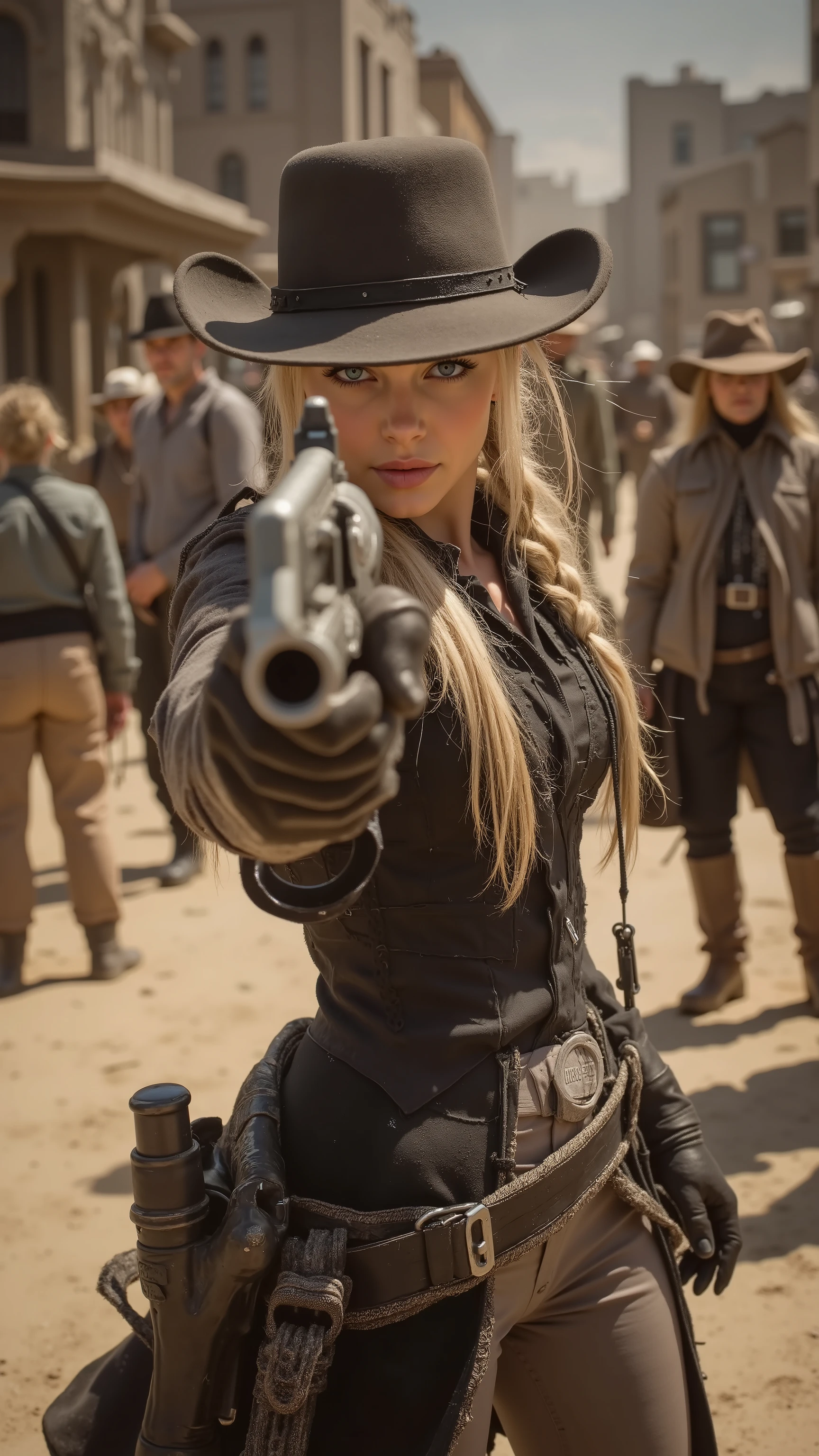 A fierce Swedish gunslinger with sharp Scandinavian features and a commanding presence stands at high noon in a bustling Western town. Her braided blonde hair peeks out from under a stylish cowboy hat, and her steely blue eyes never waver as she aims her revolver directly at the viewer. Dust swirls around her boots, townsfolk watch nervously from the shadows, and the tension of an impending duel hangs thick in the air, capturing the legendary drama and wild spirit of the Old West. --ar 9:16