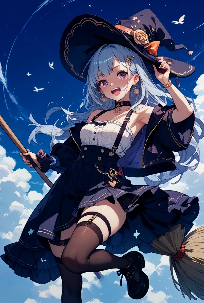 ((Highest quality)), ((masterpiece)), (detailed), A beautiful witch is flying through the air using her wand,Very mysterious and beautiful