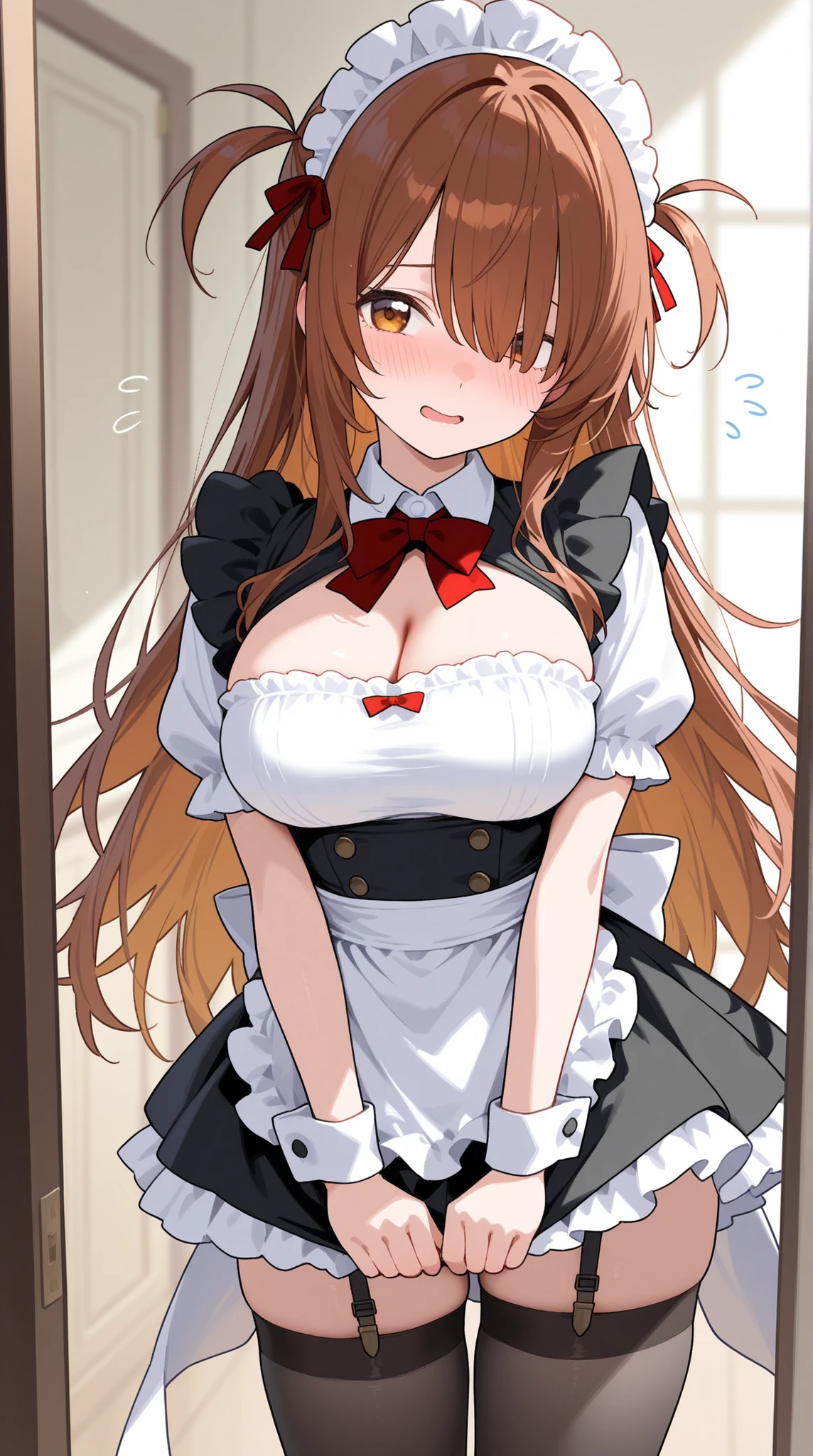 maid, one eye hidden, shy face, Expression of impatience
