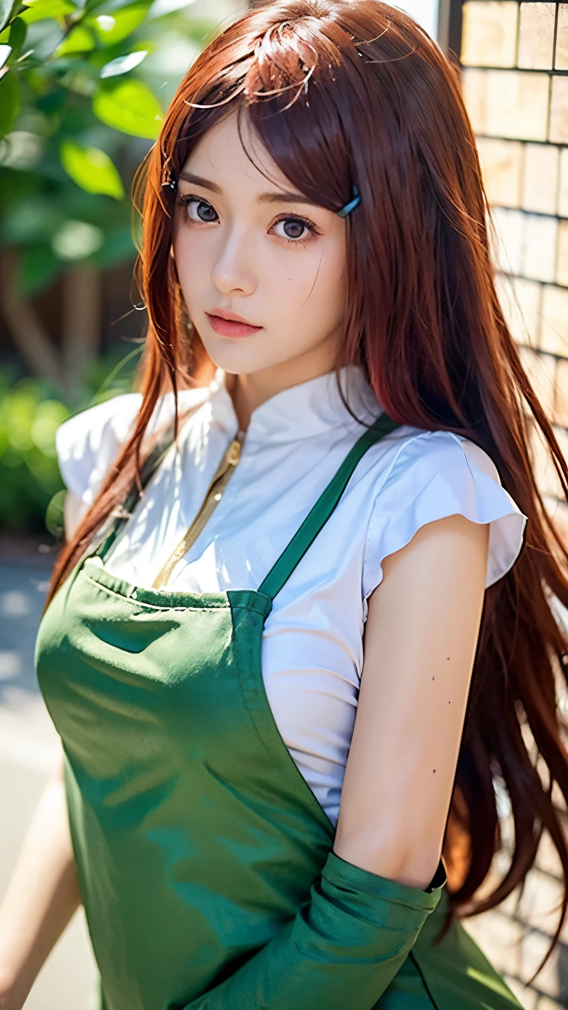"Create a hyper-realistic portrait of Uzumaki Kushina from Naruto Shippuden as if she existed in the real world. She is a beautiful woman in her mid-20s with long, vibrant crimson red hair that flows smoothly past her waist, slightly wavy at the ends. Her eyes are a striking violet, expressive and warm, reflecting her strong will and maternal kindness. Her skin is fair and flawless, with soft, natural lighting emphasizing her facial structure. She wears a modern, subtly stylized version of her Konoha outfit—green apron-style dress over a white blouse, with textures appropriate for real-world fabric like cotton and linen. The background should be soft and warm, evoking a peaceful Konoha village atmosphere during golden hour. Her expression is gentle but strong, conveying both nurturing energy and fierce determination. Use cinematic-level detail, realistic skin textures, natural hair flow, and lifelike eyes. Style should balance realism with subtle anime essence, akin to high-end digital character photography."