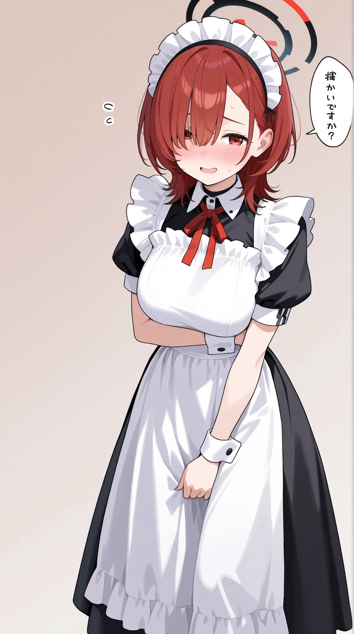 maid, one eye hidden, shy face, Expression of impatience