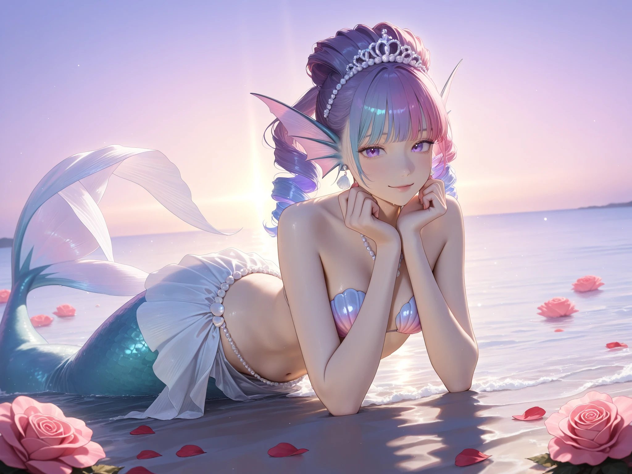 (High quality CT,4K,High resolution,main part:2.3),Very detailed,realistic:1.37,Best quality,masterpiece, high resolution,on_body, Tyndall effect,photorealistic, edge lighting, Two-color backlight,(high definition of skin:2.3), (8K UHD, DSLR quality, soft lighting, high quality, surround lighting, sincere, de 8K , 4k, 8K.) The girl is a mermaid. she has pink skin covered with scales. She has pink ear fins with silver seashell earrings. she has a purple eyes. She has purple kinky hair with pink and blue highlighted ringlets strands , her bangs are curly , her hairstyle is gathered in Marie Antoinette's Pompadour decorated with pearly hairpins. She has a pink mermaid tail with lots of large semi-transparent fins. She wears a pearl seashell bikini and lots of accessories. She wears a white sarong skirt with lots of pearl threads. She wears on her head a mother-of-pearl tiara made from pastel seashells roses. She is a young mother. She's holding a baby in her arms. Her is a fairy. On the background: purple sky, turquoise sea, huge blooming coral decorated with roses. There are pink rose petals on the surface of the water.